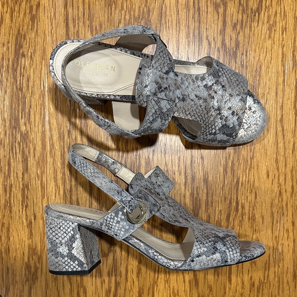 *COLE HAAN* Gray Metallic Adele Nubuck Leather Snake Print Heels Size 8